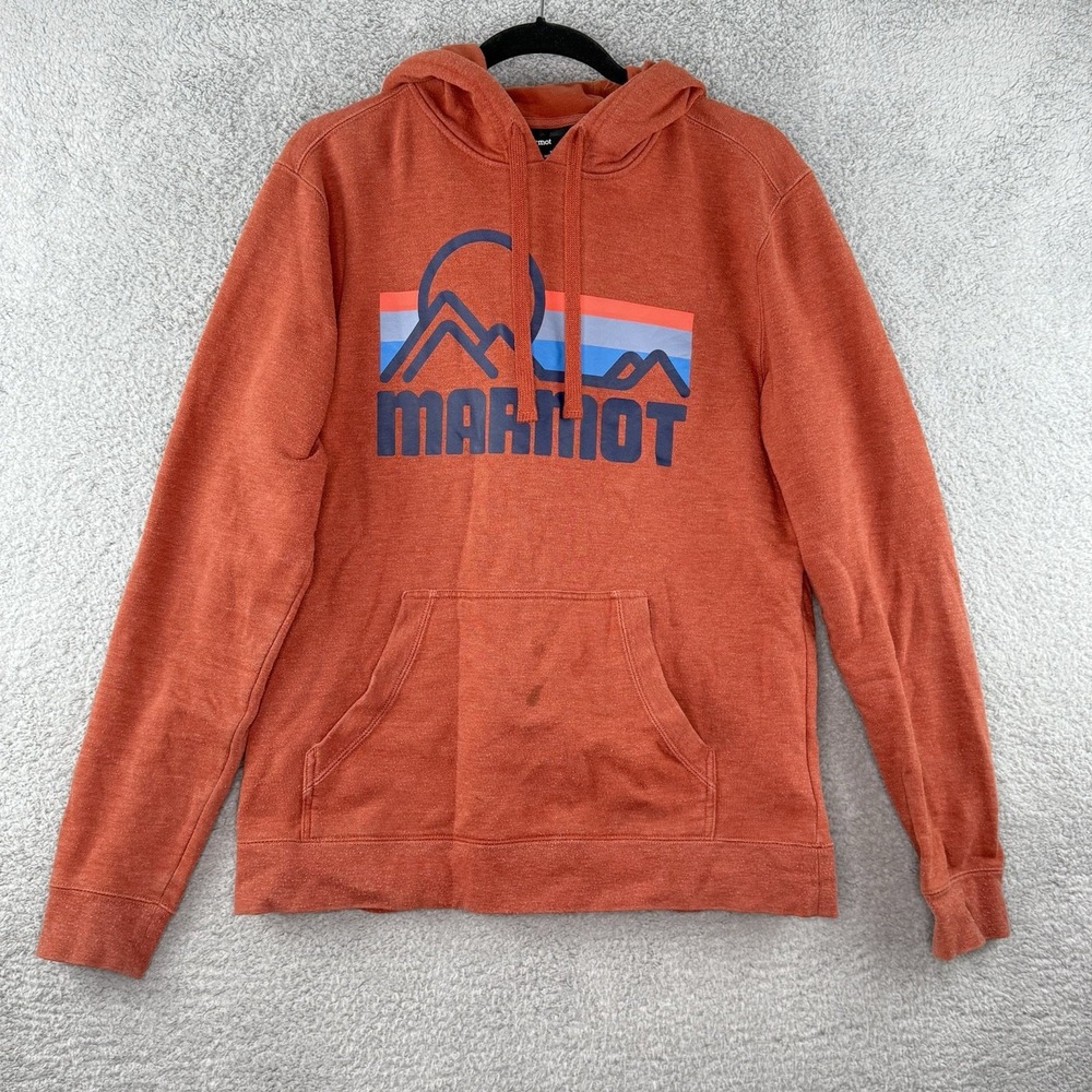 Marmot Graphic Print Pullover Red Orange Hooded Sweatshirt Hoodie Men's Medium